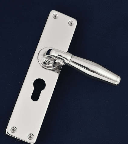 classic stainless steel mortise lock front view showing detailing of elegence,perfection and showcsing the unuque design of handle lever by ambica toosl hardware